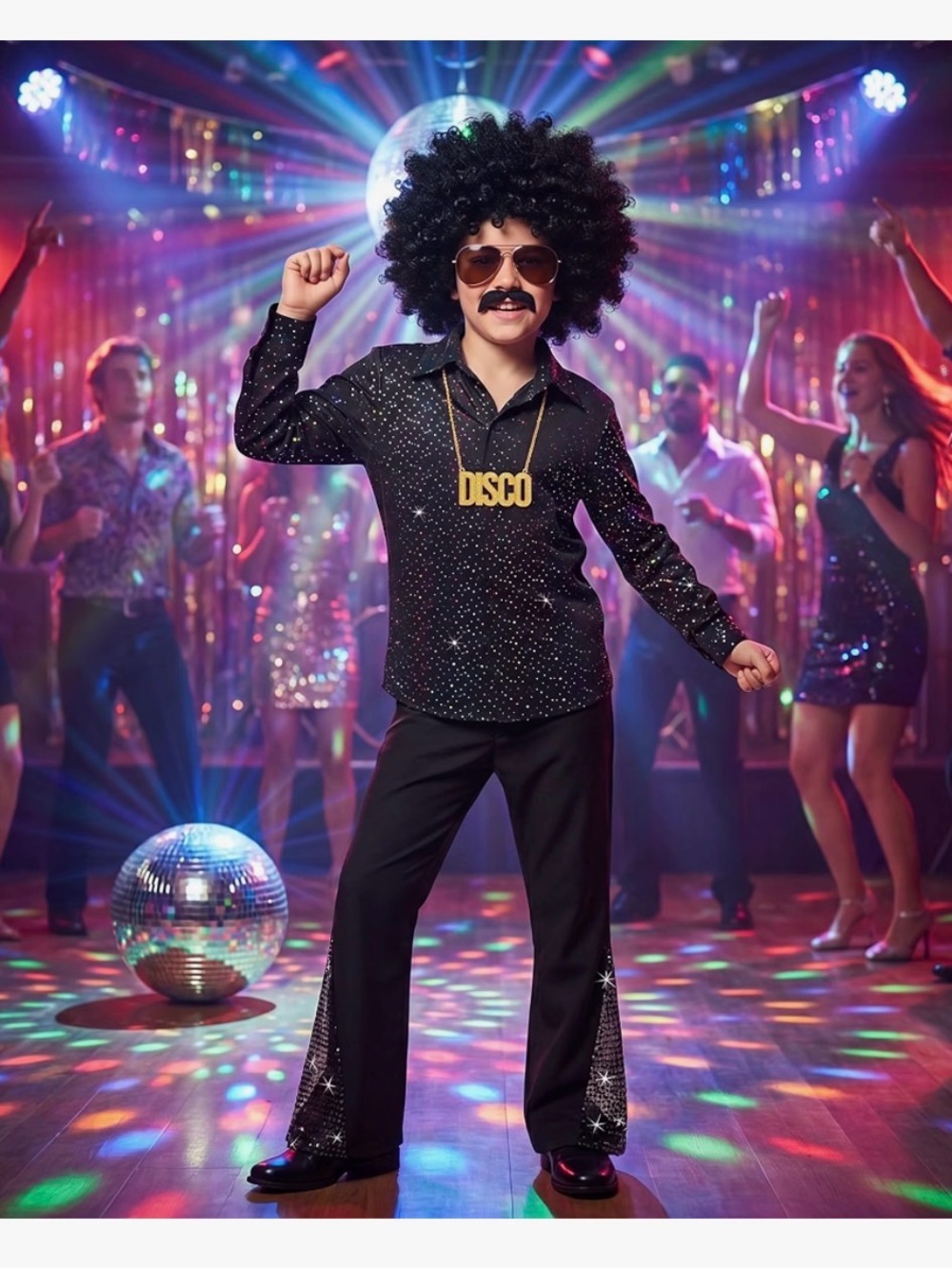 Kids 70s Dance Disco 70s Black Complete Costume Set Size 7-8 NWOT